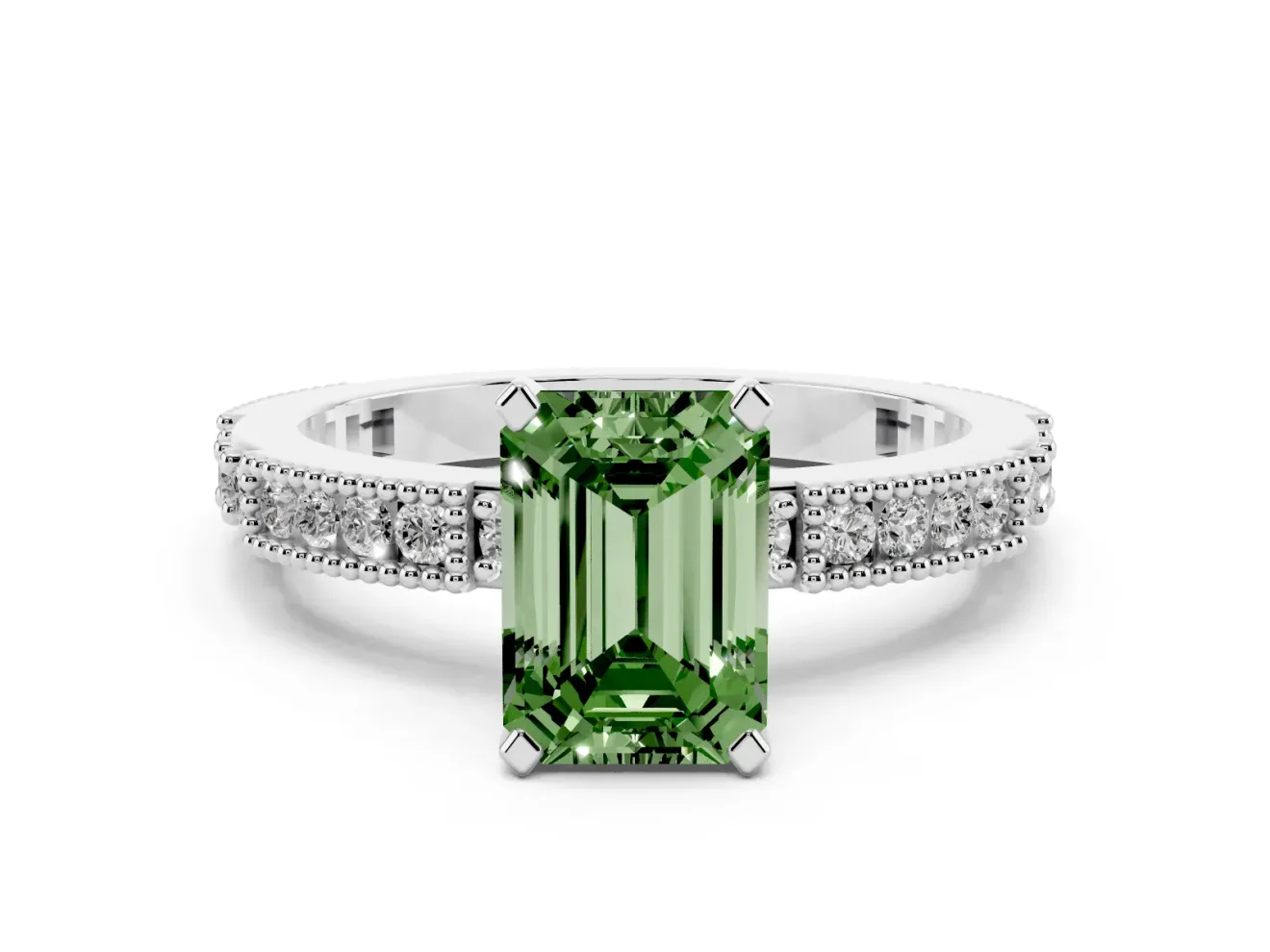 Fancy Green Emerald Cut Diamond Solitaire Ring Set in Platinum with Slim Pavé Band and Prong Setting