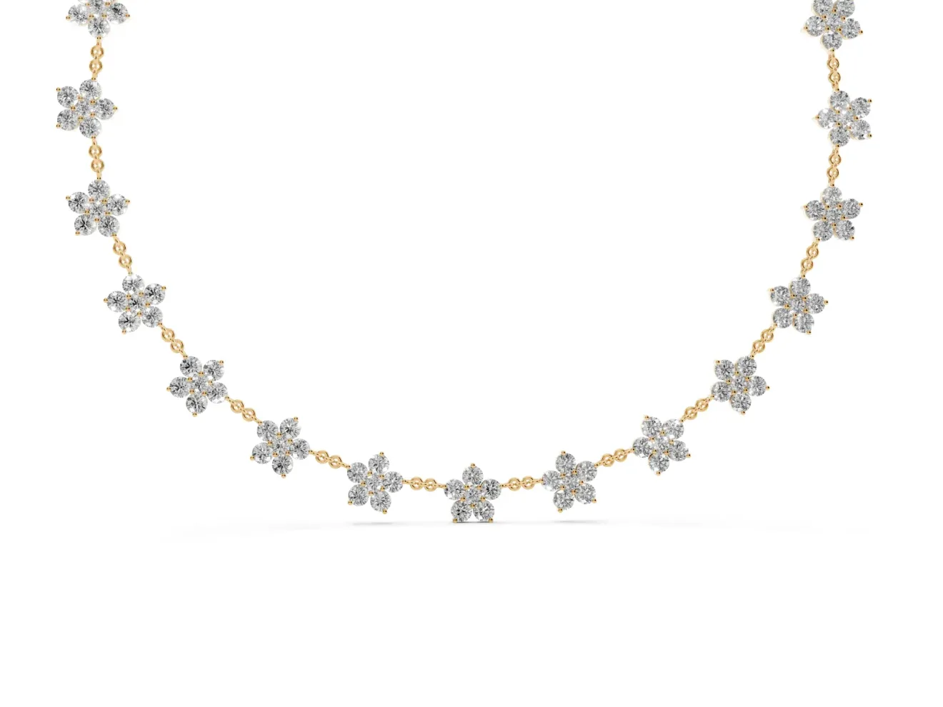Round Lab-Grown Diamond Floral Cluster Station Necklace | Matching Flowers | Yellow Gold