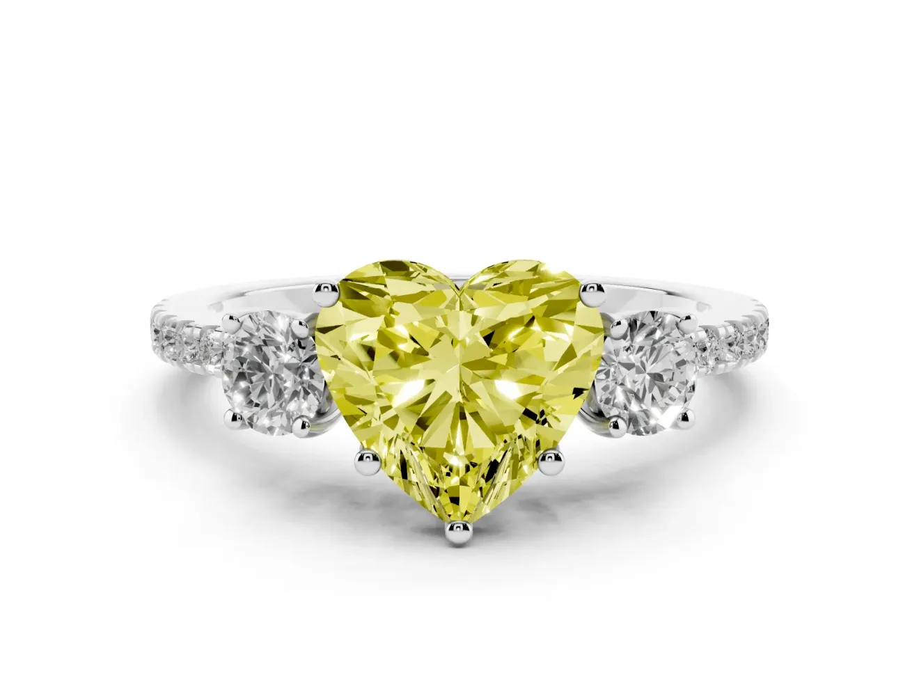 Fancy Yellow Heart Cut Diamond Three-Stone Ring Set in Platinum with Pavé Band and Graduated Sides
