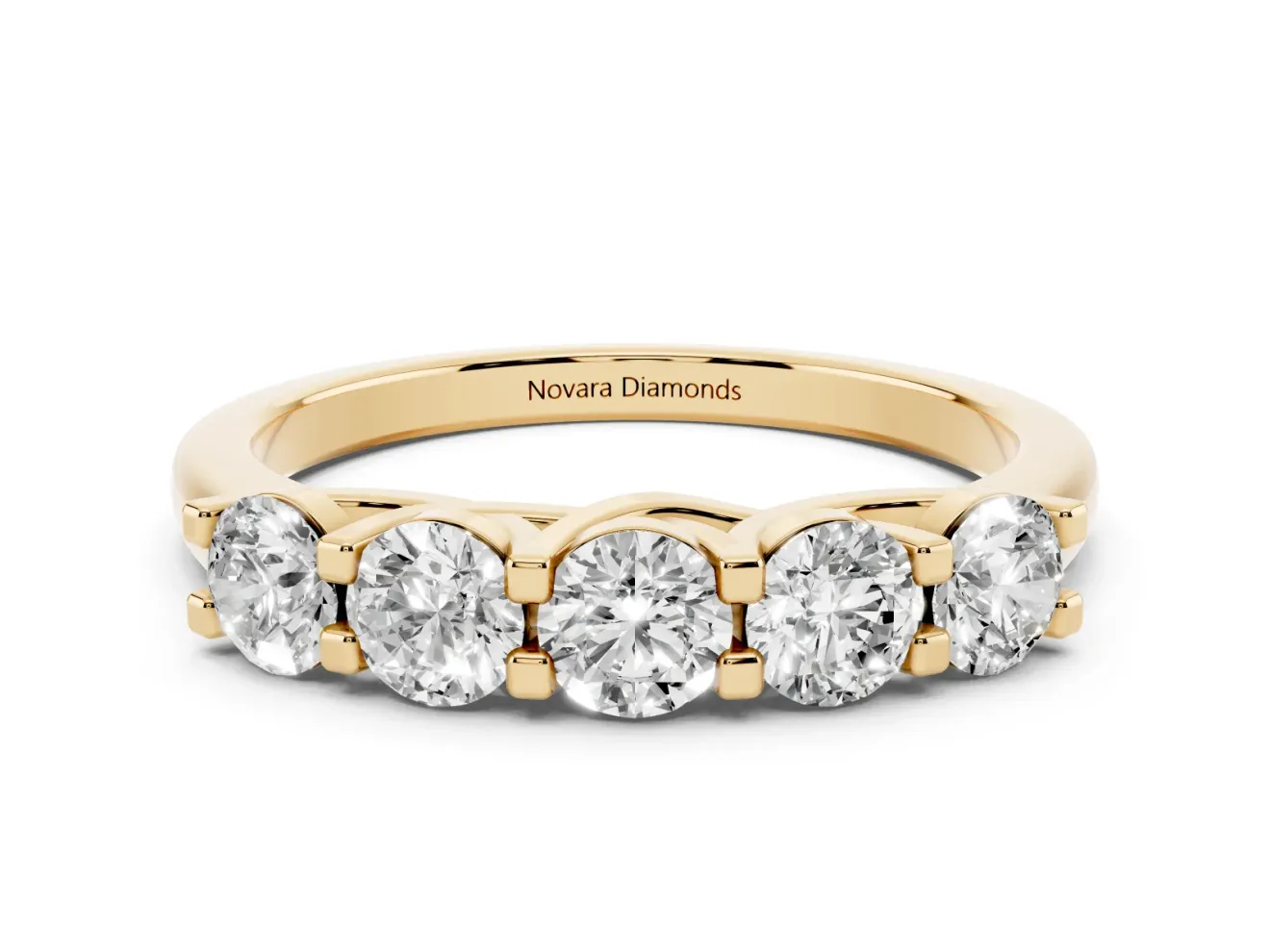 Round Lab-Grown Diamond Five-Stone Wedding Band | Square-Top Prongs | Yellow Gold