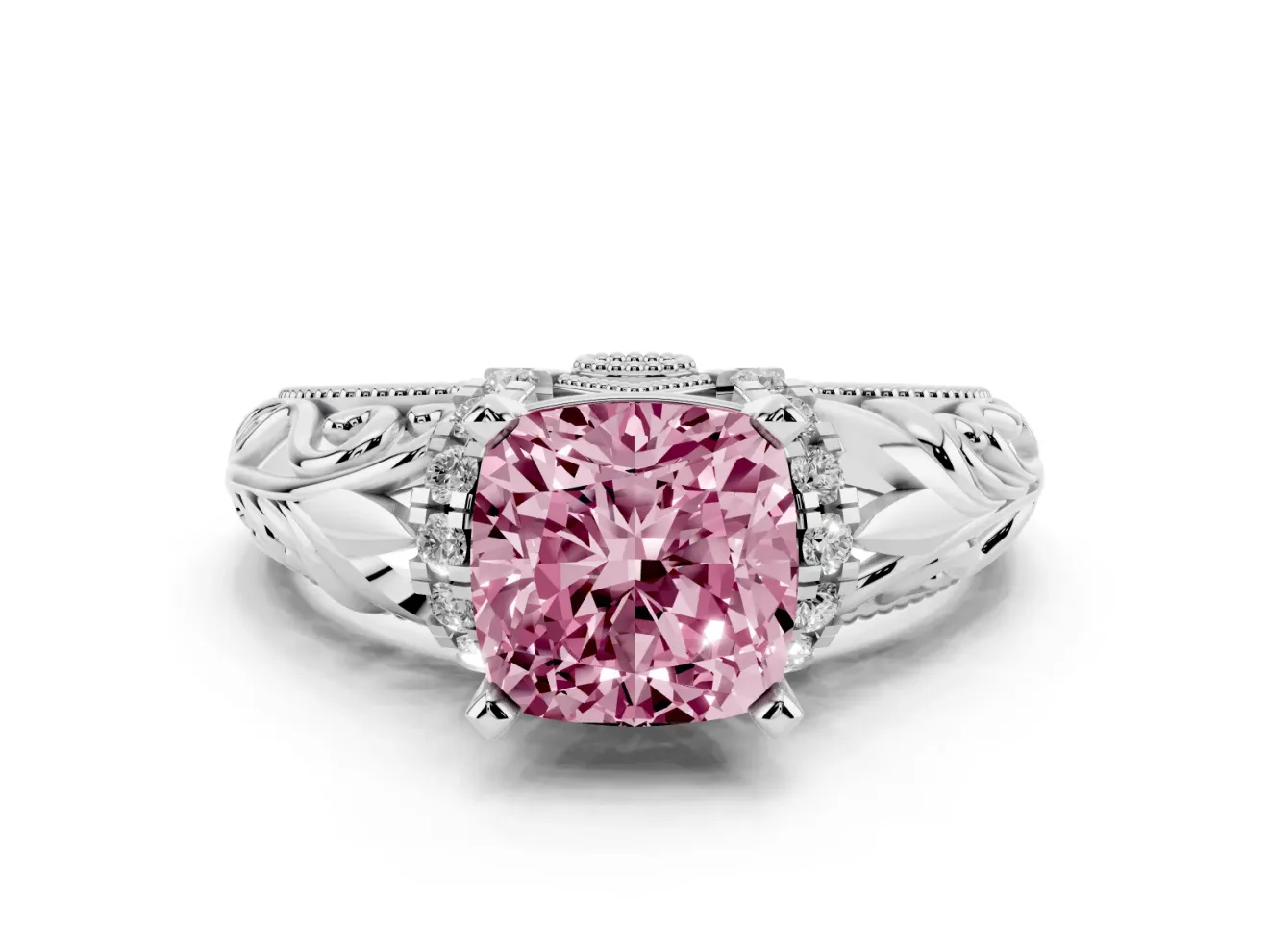 Cushion Cut Filigree Engagement Ring Setting for a Fancy Pink Lab-Grown Diamond | White Gold