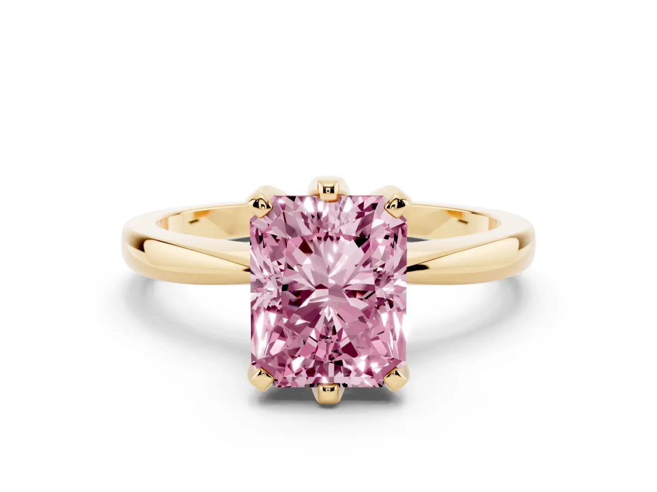 Fancy Pink Radiant Cut Diamond Solitaire Engagement Ring Set in Yellow gold with Slim Tapered Solitaire Band