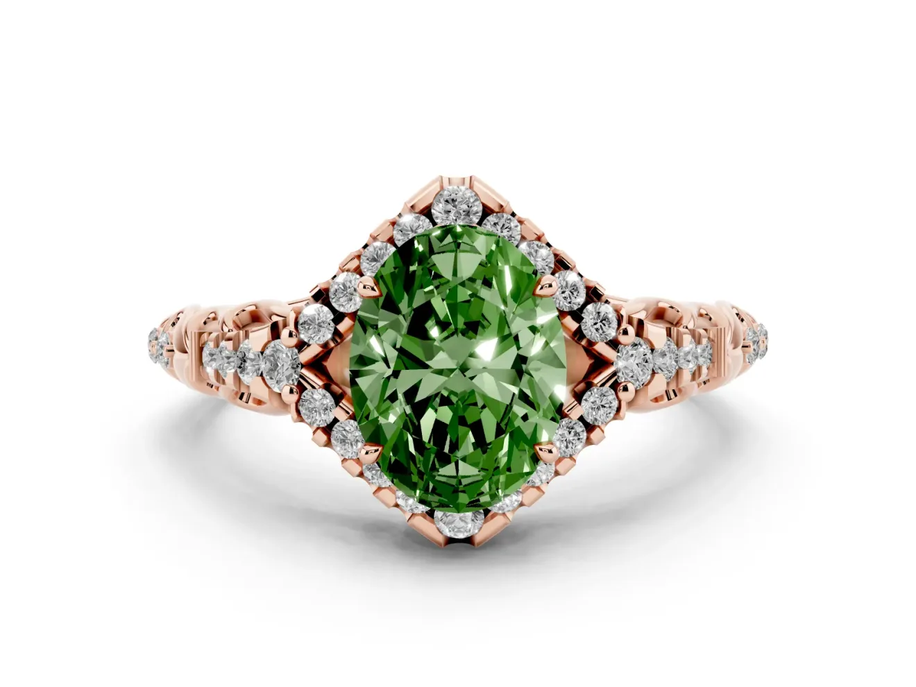 Oval Hidden Halo Filigree Engagement Ring Setting for a Fancy Green Lab-Grown Diamond | Rose Gold