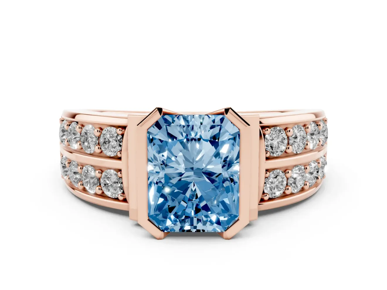 Radiant Cut Half Bezel Engagement Ring Setting for a Fancy Blue Lab-Grown Diamond | Double Row Channel Band | Rose Gold
