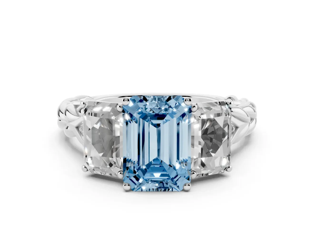 Fancy Blue Emerald Cut Diamond Three-Stone Ring Set in White gold with Braided Band