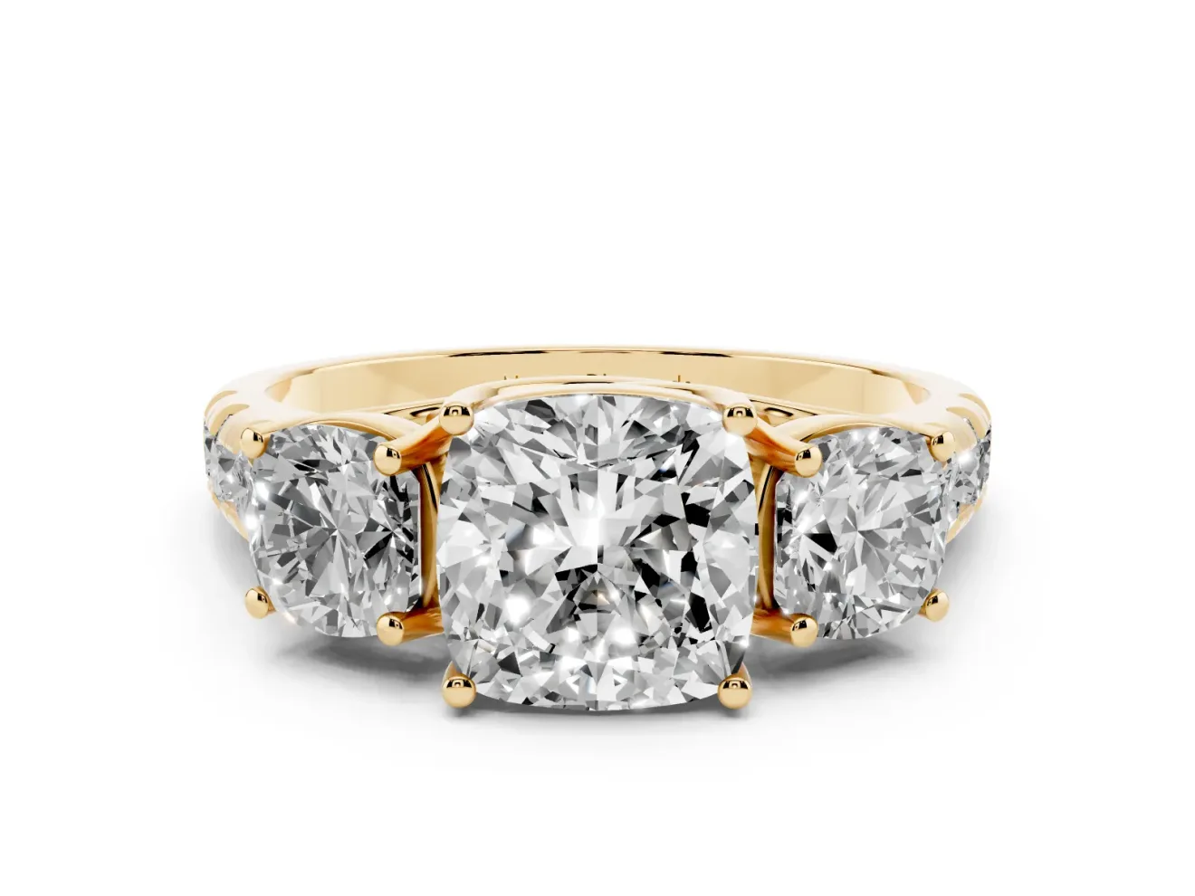 Cushion Cut Three Stone Engagement Ring Setting | Accented Shoulders | Yellow Gold