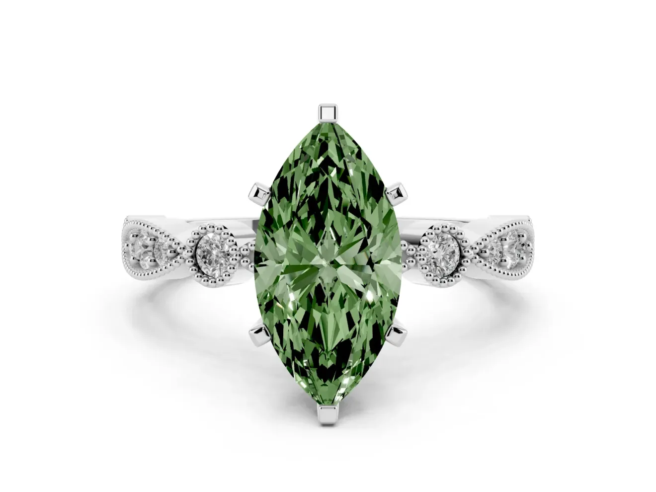 Fancy Green Marquise Cut Diamond Solitaire Engagement Ring Set in Silver with Milgrain Bezel Accent Band