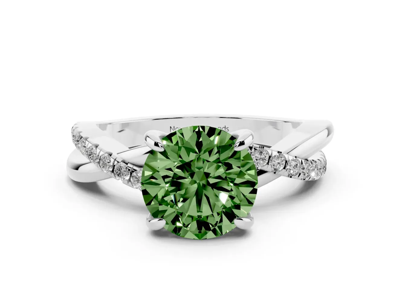 Fancy Green Round Cut Diamond Twist Band Solitaire Set in Platinum with Pavé Accents and Prong Setting
