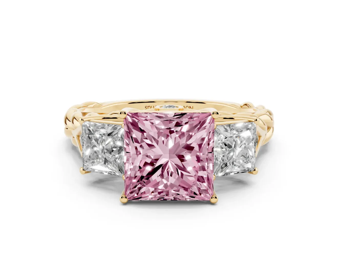 Fancy Pink Princess Cut Diamond Three-Stone Ring Set in Yellow gold with Braided Band