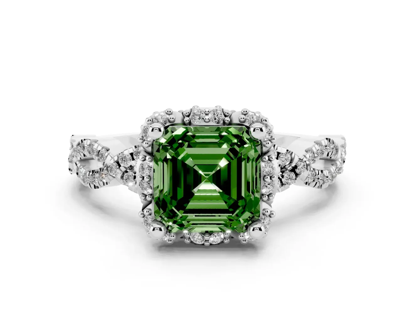 Fancy Green Asscher Cut Diamond Halo Twist Band Solitaire Ring Set in White gold with Prong-Set Center Stone