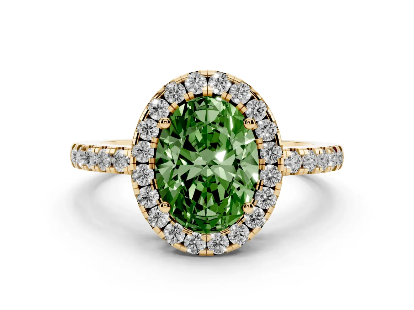 Oval Halo Engagement Ring Setting for a Fancy Green Lab-Grown Diamond | Pavé Band | Yellow Gold