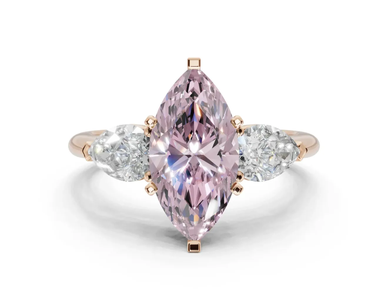Marquise Three-Stone Ring Setting for a Fancy Pink Lab-Grown Diamond | Pear Side Stones | Rose Gold