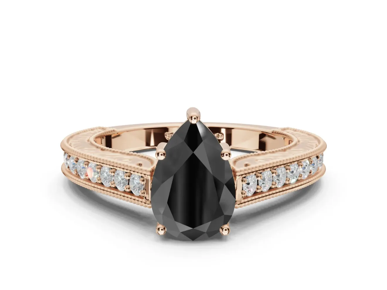 Pear-Shaped Vintage Pavé Engagement Ring Setting for a Black Center | Rose Gold