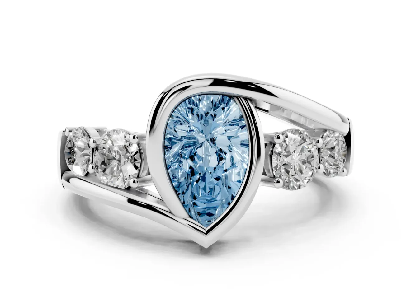 Fancy Blue Pear Cut Diamond Bezel Bypass Ring Set in Platinum with Round Accents