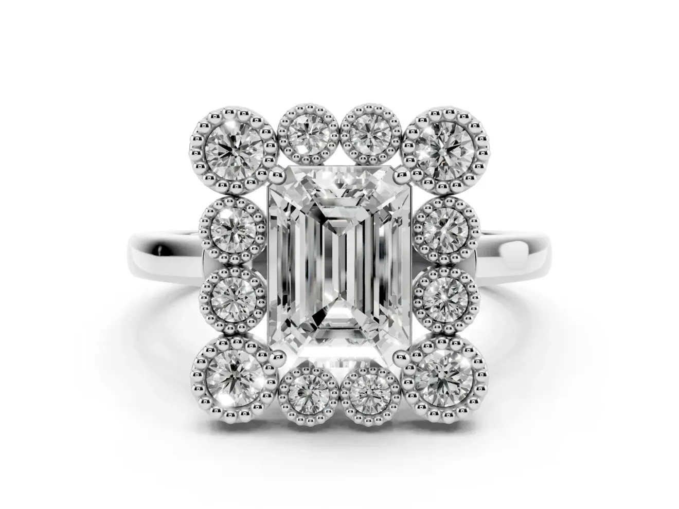 Emerald Cut Vintage Milgrain Bezel Cluster Halo Engagement Ring Setting | Plain Band | White Gold