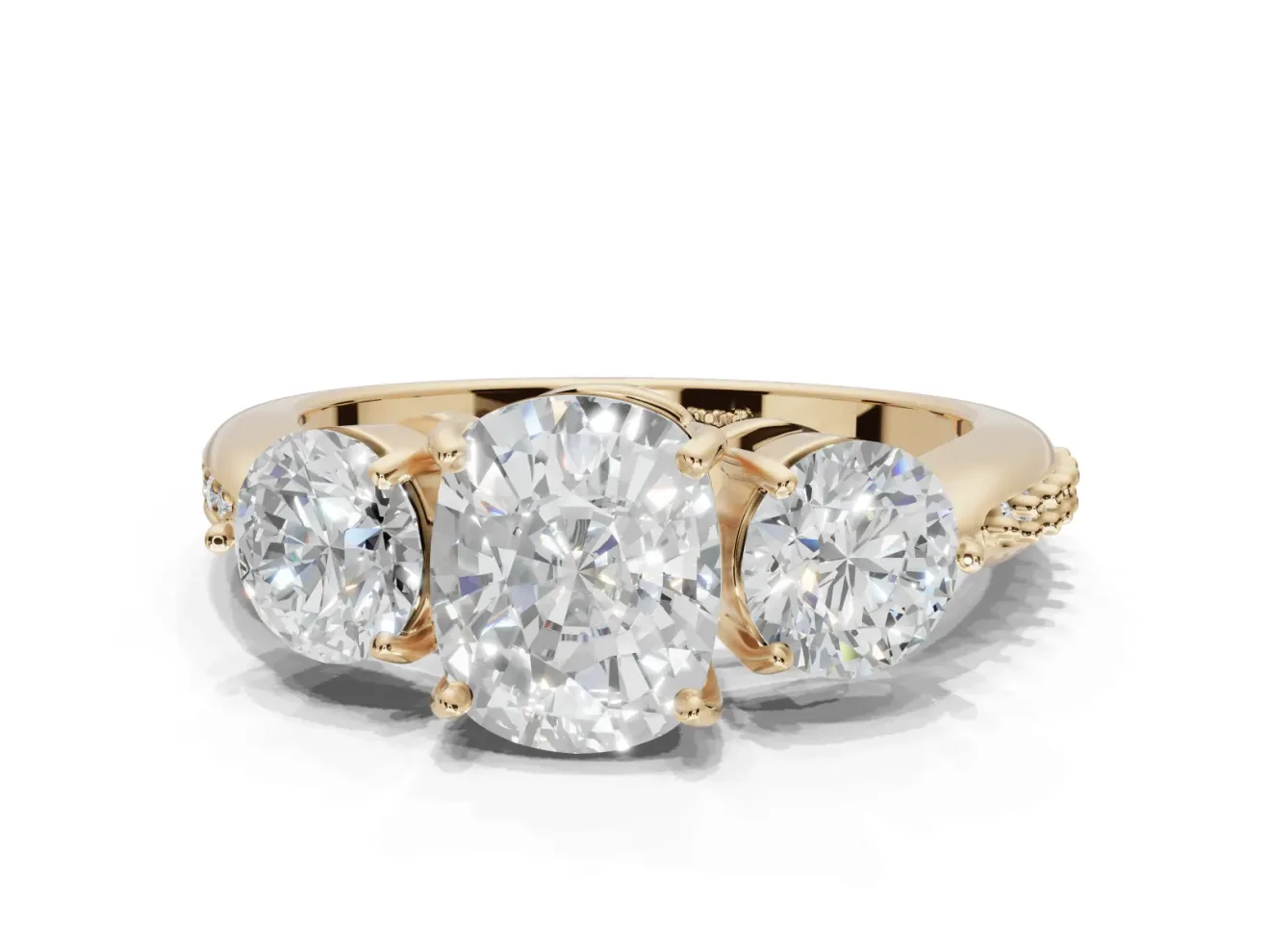 Cushion Cut Three Stone Engagement Ring Setting | Tapered Pave Band | Yellow Gold