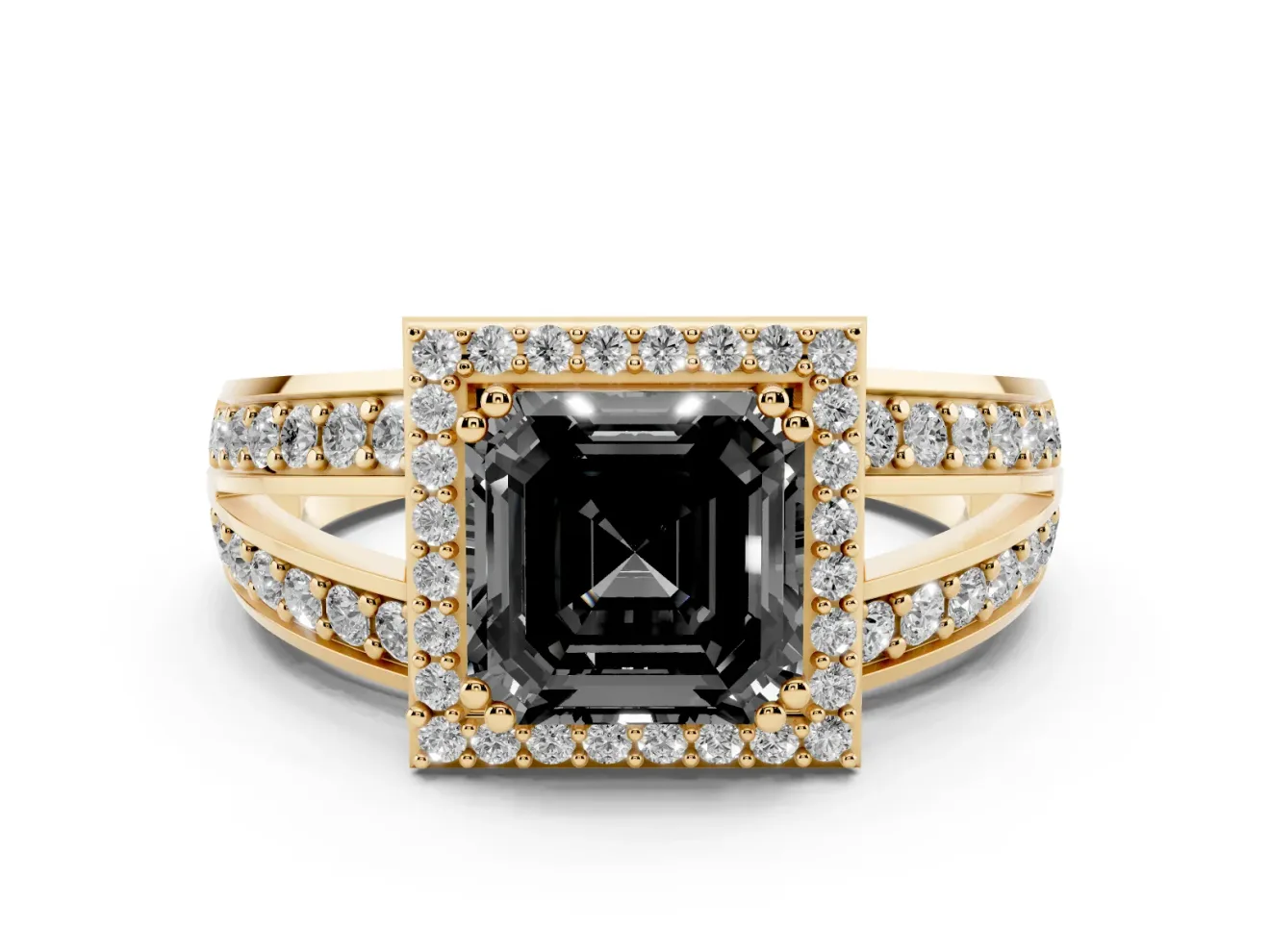 Asscher Cut Halo Engagement Ring Setting for a Black Center | Two-Row Pavé Split Shank | Yellow Gold