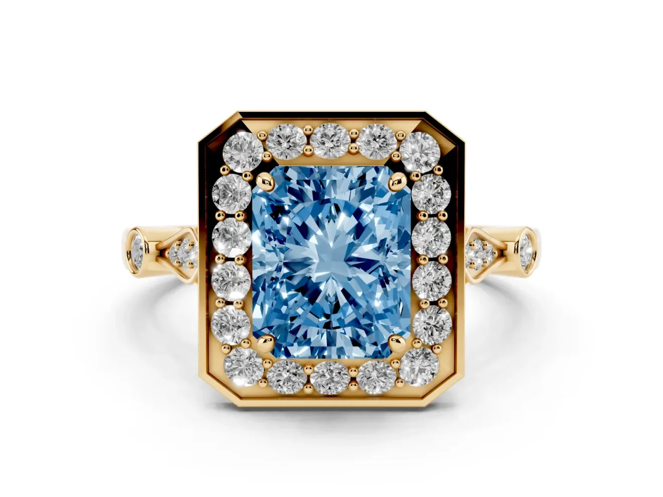 Radiant Cut Halo Engagement Ring Setting for a Fancy Blue Lab-Grown Diamond | Bezel Station Shoulders | Yellow Gold