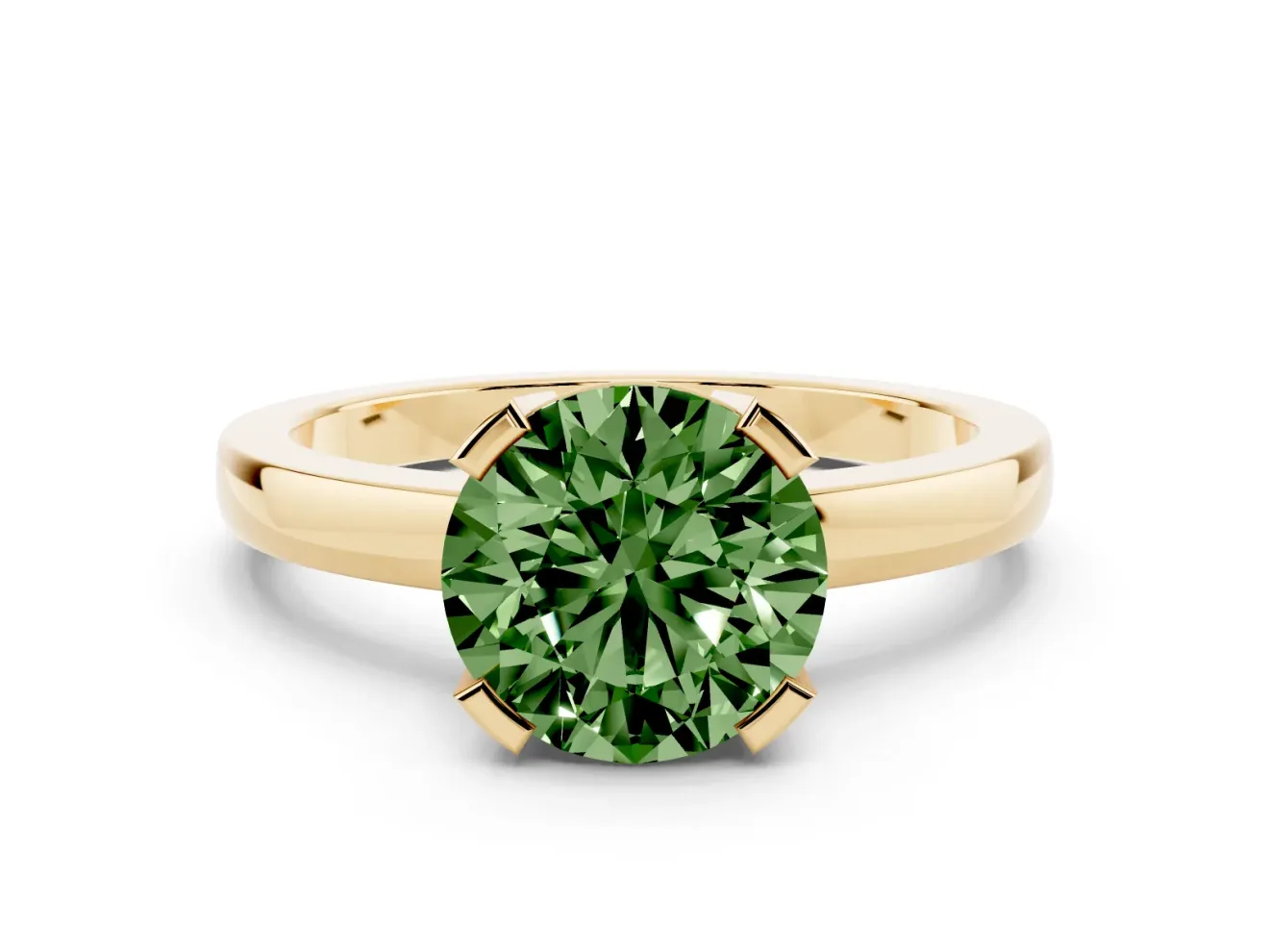 Fancy Green Round Cut Diamond Solitaire Ring Set in Yellow gold with Prong Head and Smooth Polished Band