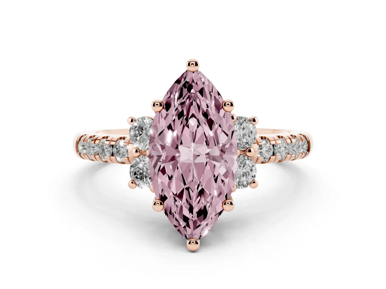 Marquise Side Stone Pave Engagement Ring Setting for a Fancy Pink Lab-Grown Diamond | Paired Round Accents | Rose Gold