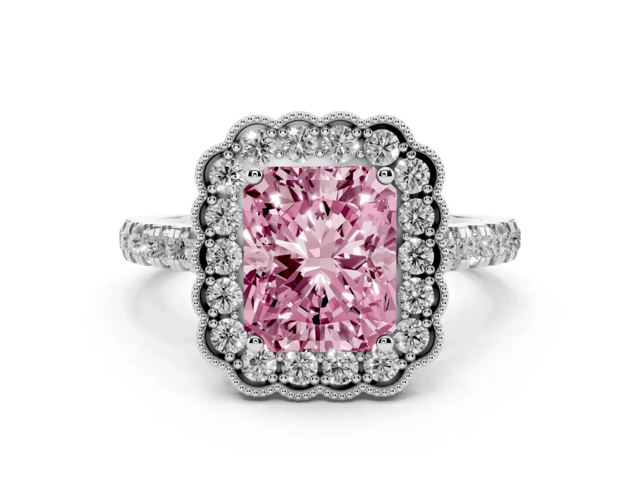 Fancy Pink Radiant Cut Diamond Milgrain Floral Halo Engagement Ring Set in Silver with Pavé Band