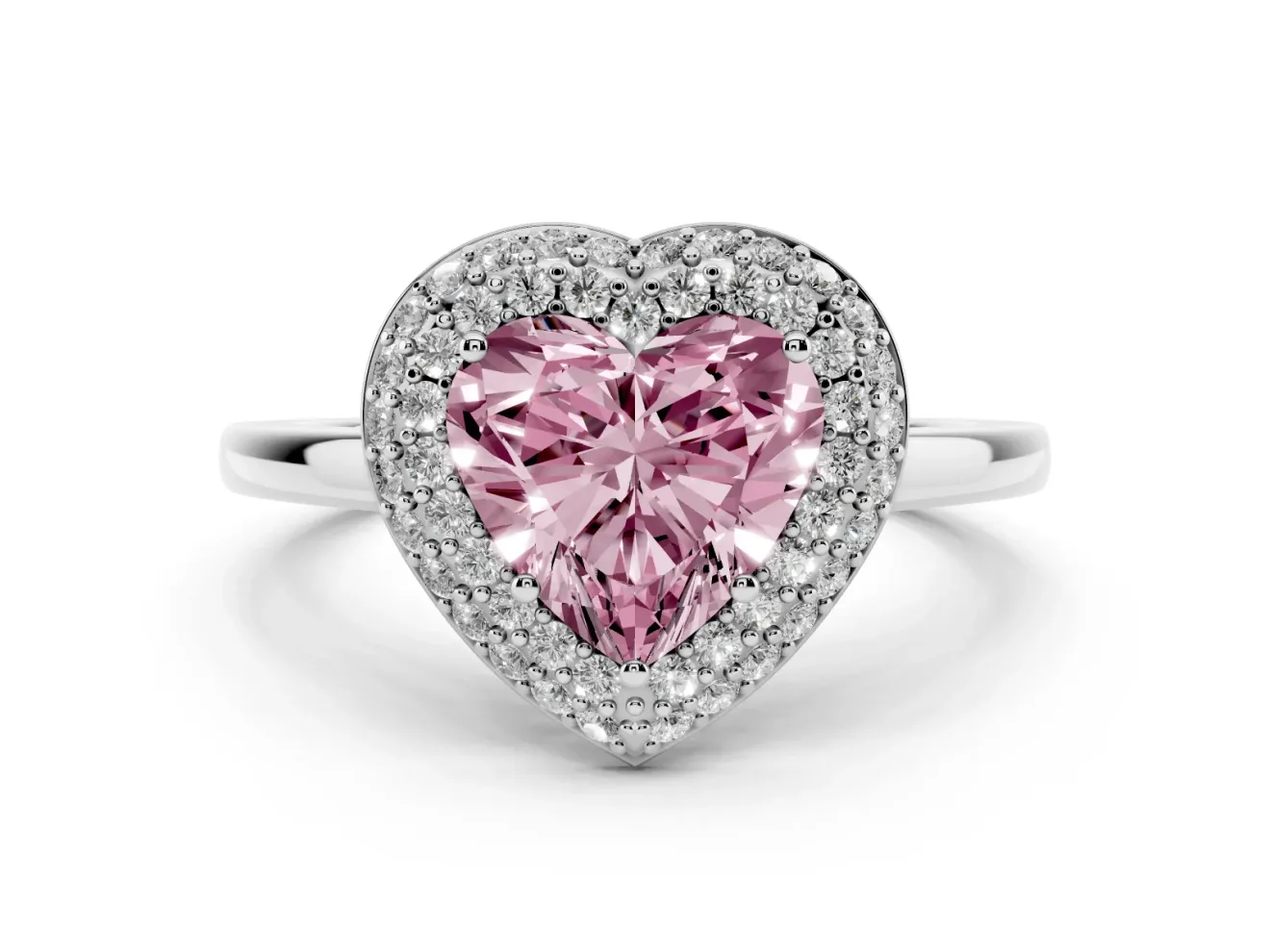 Fancy Pink Heart Cut Diamond Halo Engagement Ring Set in White gold with Solitaire Band and Prong Setting