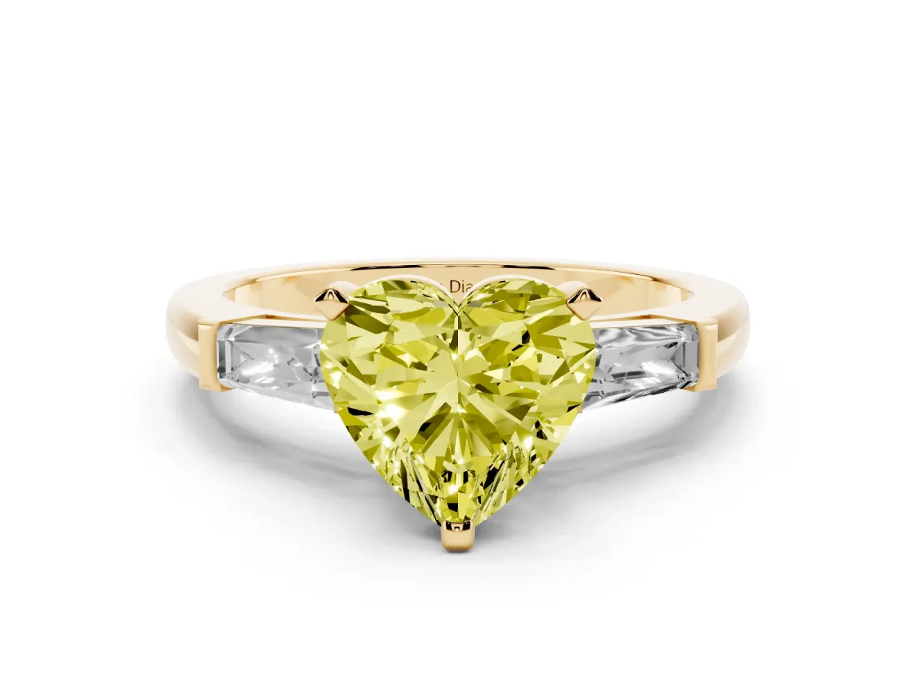 Heart-Shaped Three Stone Engagement Ring Setting for a Fancy Yellow Lab-Grown Diamond | Tapered Baguettes | Yellow Gold