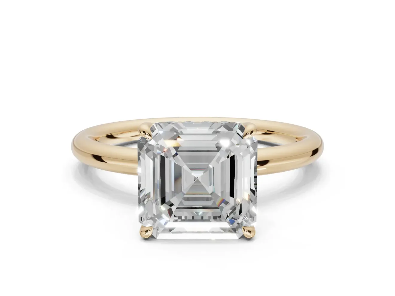 Asscher Cut Hidden Halo Engagement Ring Setting | Thin Plain Band | Yellow Gold