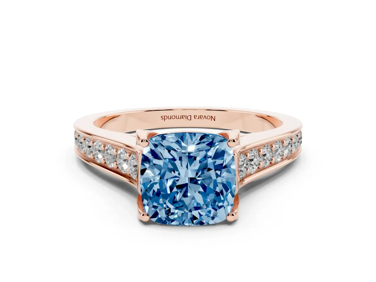 Fancy Blue Cushion Cut Diamond Solitaire Pavé Engagement Ring Set in Rose gold with Prong Setting