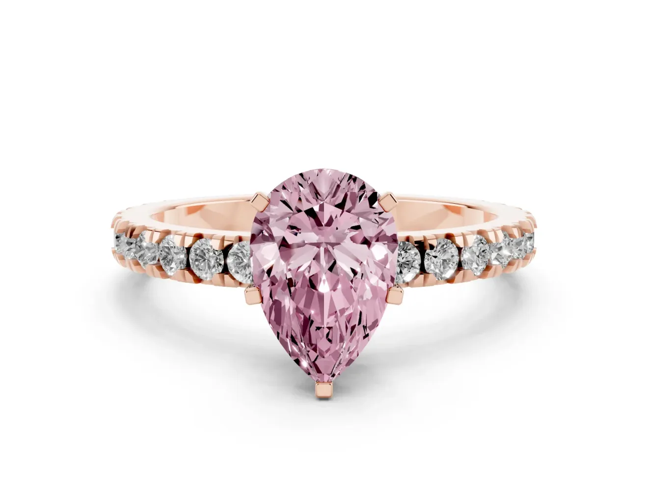 Fancy Pink Pear Cut Diamond Pavé Band Solitaire Set in Rose gold with Prong Setting