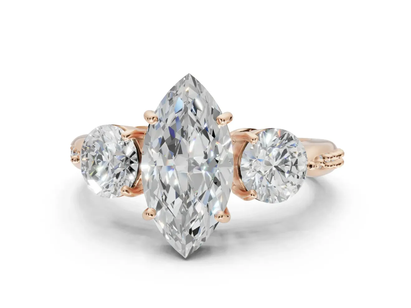 Marquise Three Stone Engagement Ring Setting | Tapered Pave Band | Rose Gold