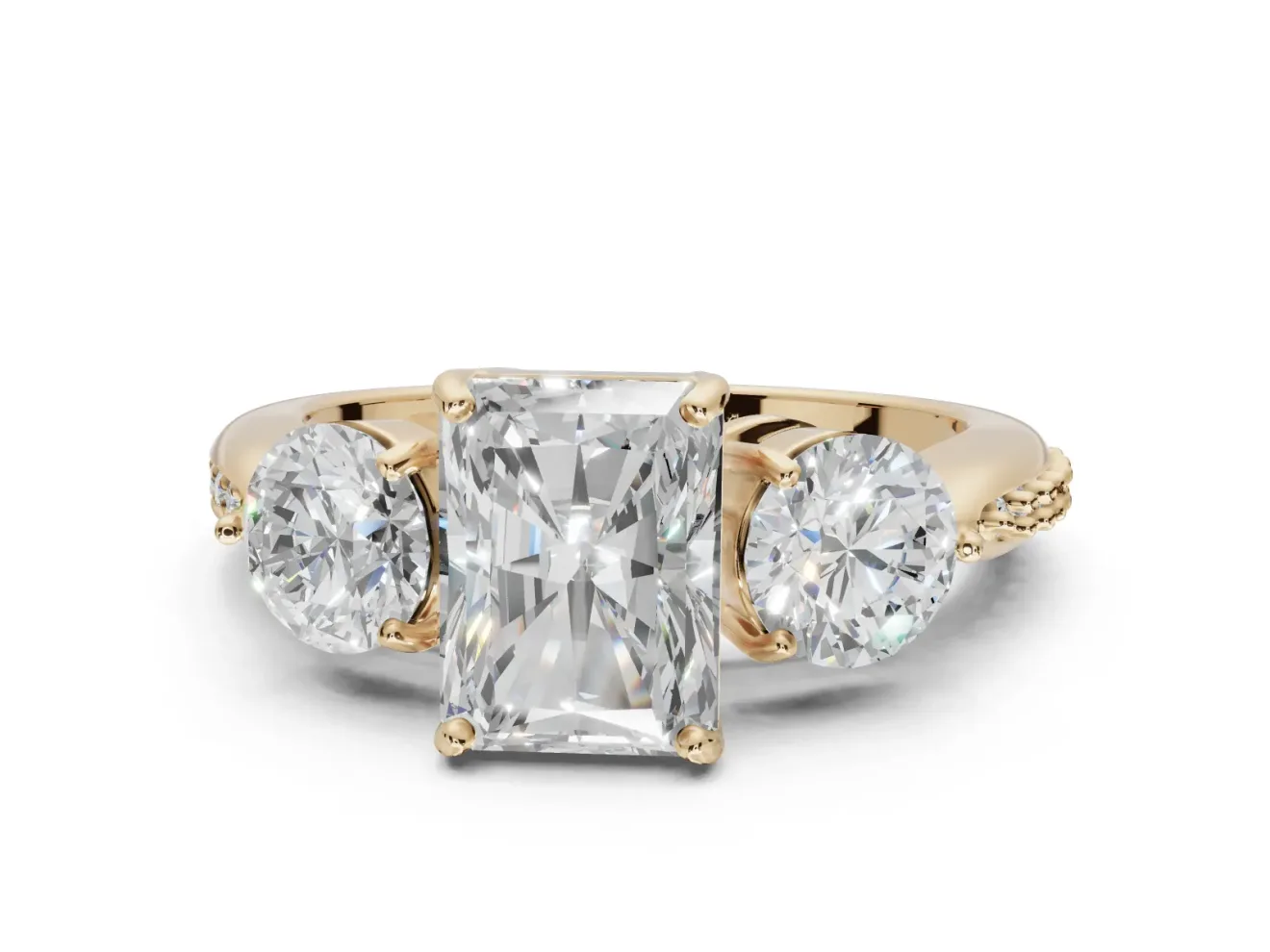 Radiant Cut Three Stone Engagement Ring Setting | Tapered Pave Band | Yellow Gold