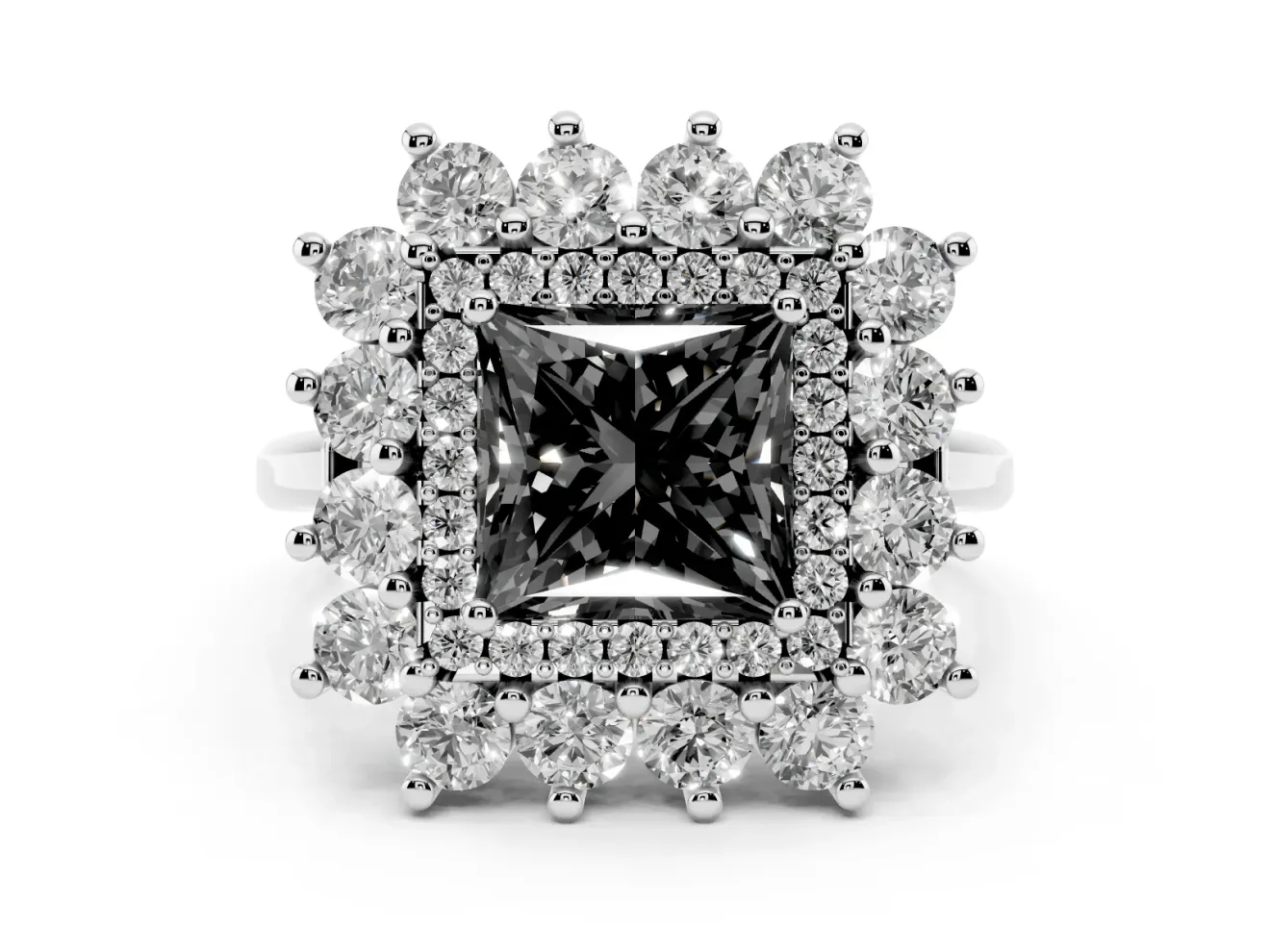 Princess Cut Floral Double Halo Engagement Ring Setting for a Black Center | Plain Band | Platinum