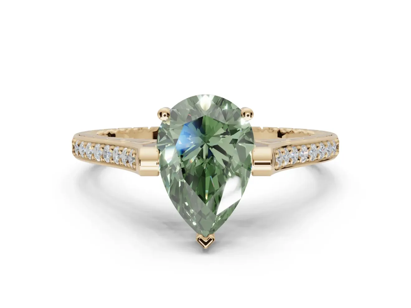 Pear-Shaped Vintage Cathedral Engagement Ring Setting for a Fancy Green Lab-Grown Diamond | Carved Band | Yellow Gold