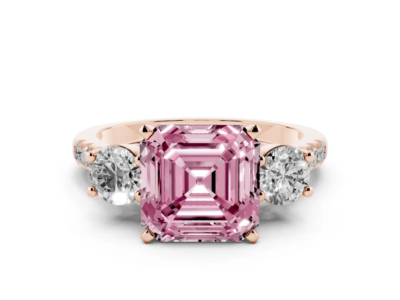 Asscher Cut Three-Stone Engagement Ring Setting for a Fancy Pink Lab-Grown Diamond | Rose Gold