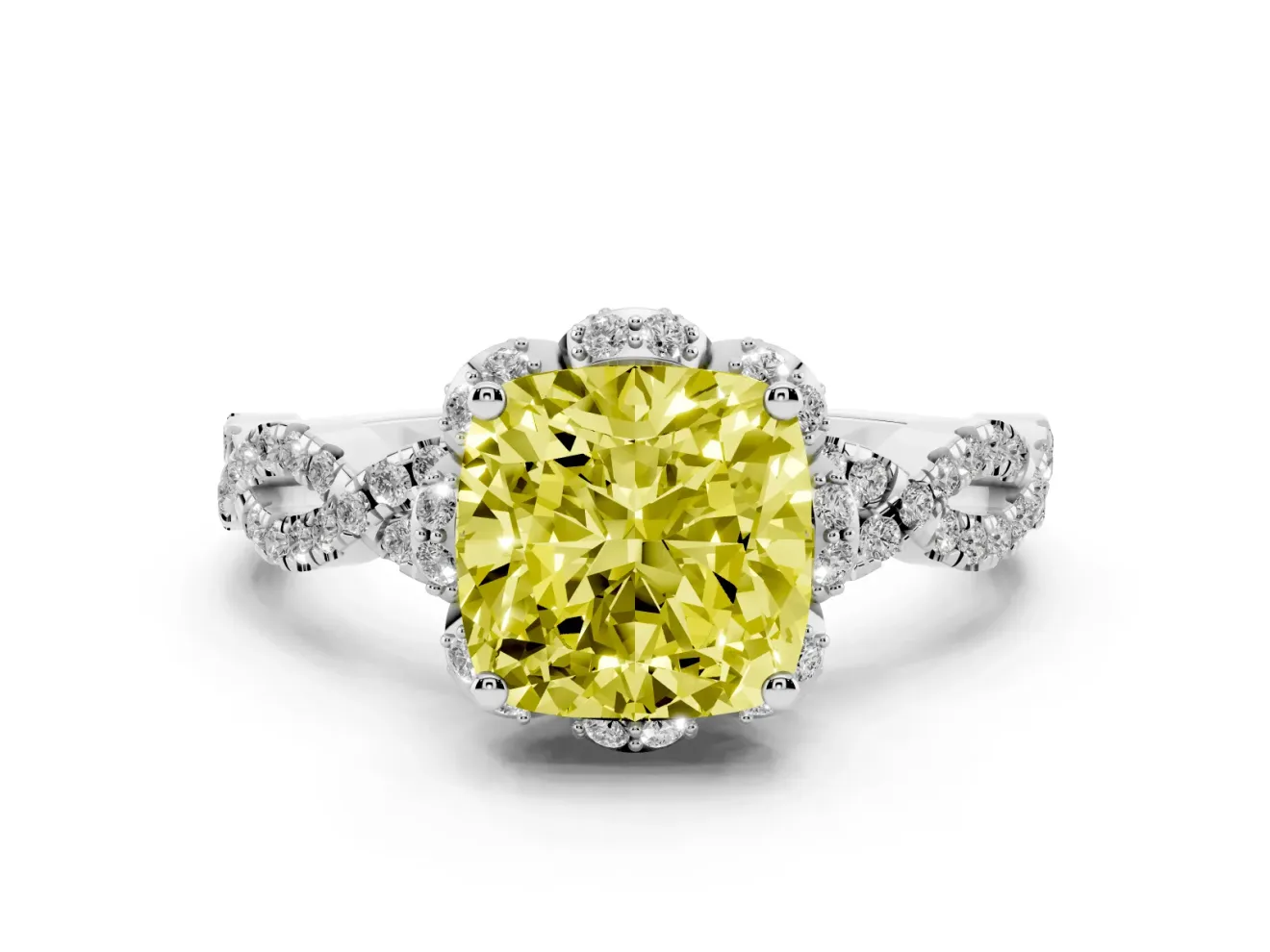 Fancy Yellow Cushion Cut Diamond Halo Twist Band Solitaire Ring Set in Platinum with Prong-Set Center Stone