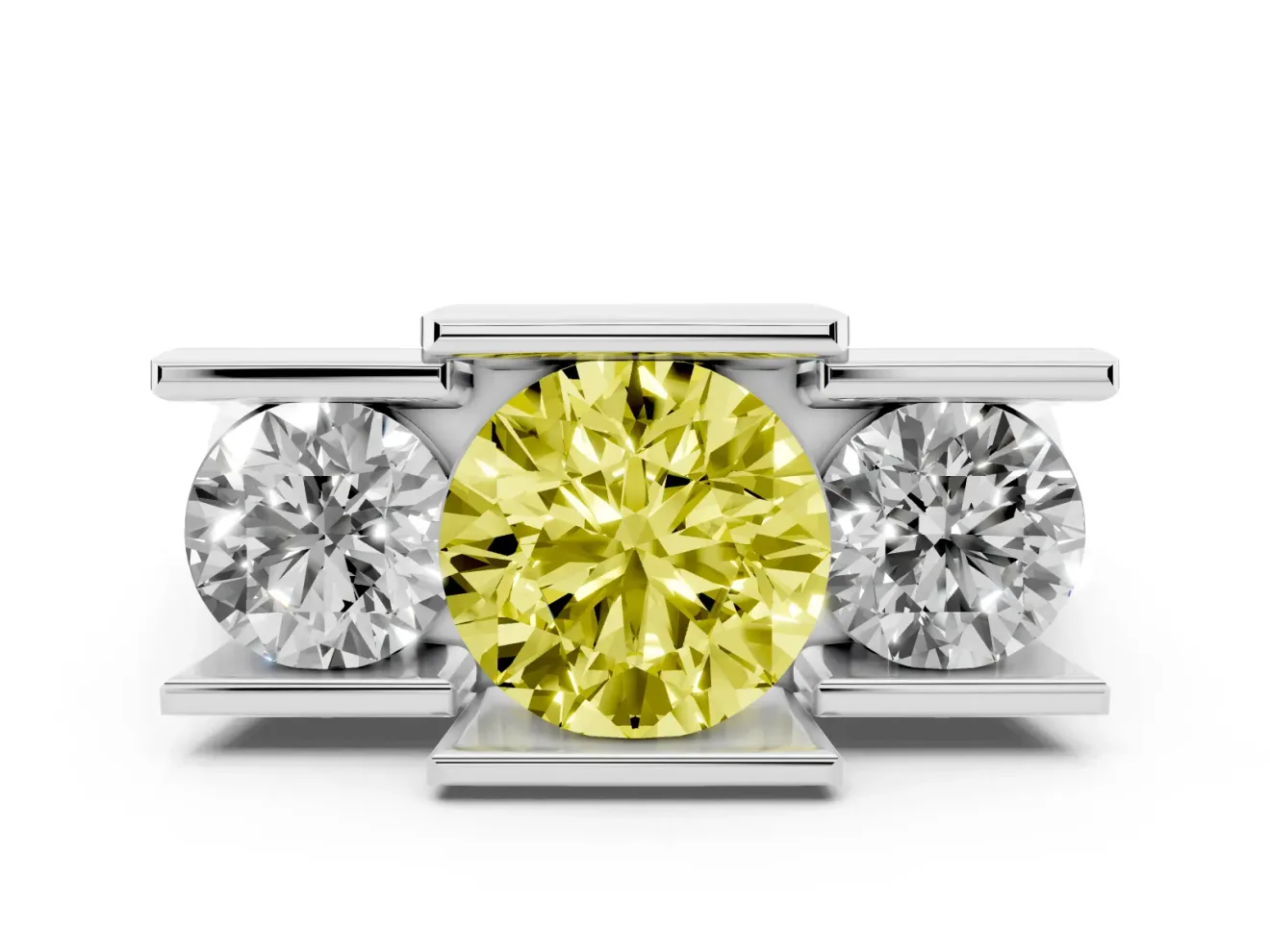 Fancy Yellow Round Cut Diamond Three-Stone Channel Set Ring Set in Silver with Smooth Polished Band