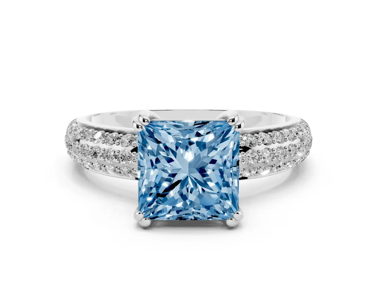 Princess Cut Three Row Pave Engagement Ring Setting for a Fancy Blue Lab-Grown Diamond | White Gold