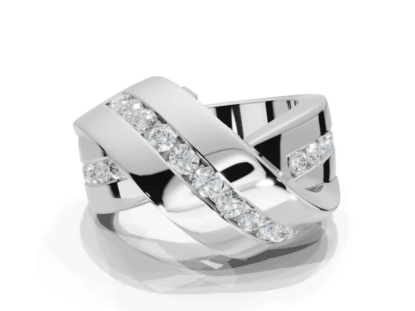 Round Lab-Grown Diamond Channel Set Crossover Wedding Band | Wide Strands | Platinum