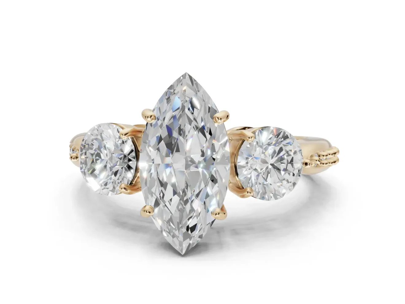 Marquise Three Stone Engagement Ring Setting | Tapered Pave Band | Yellow Gold