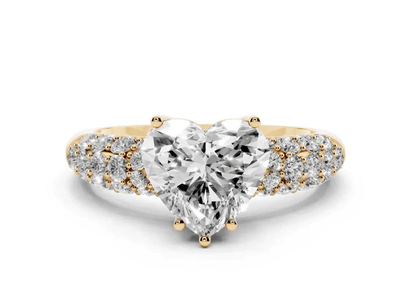 Heart-Shaped Multi Row Pave Solitaire Engagement Ring Setting | Domed Shoulders | Yellow Gold