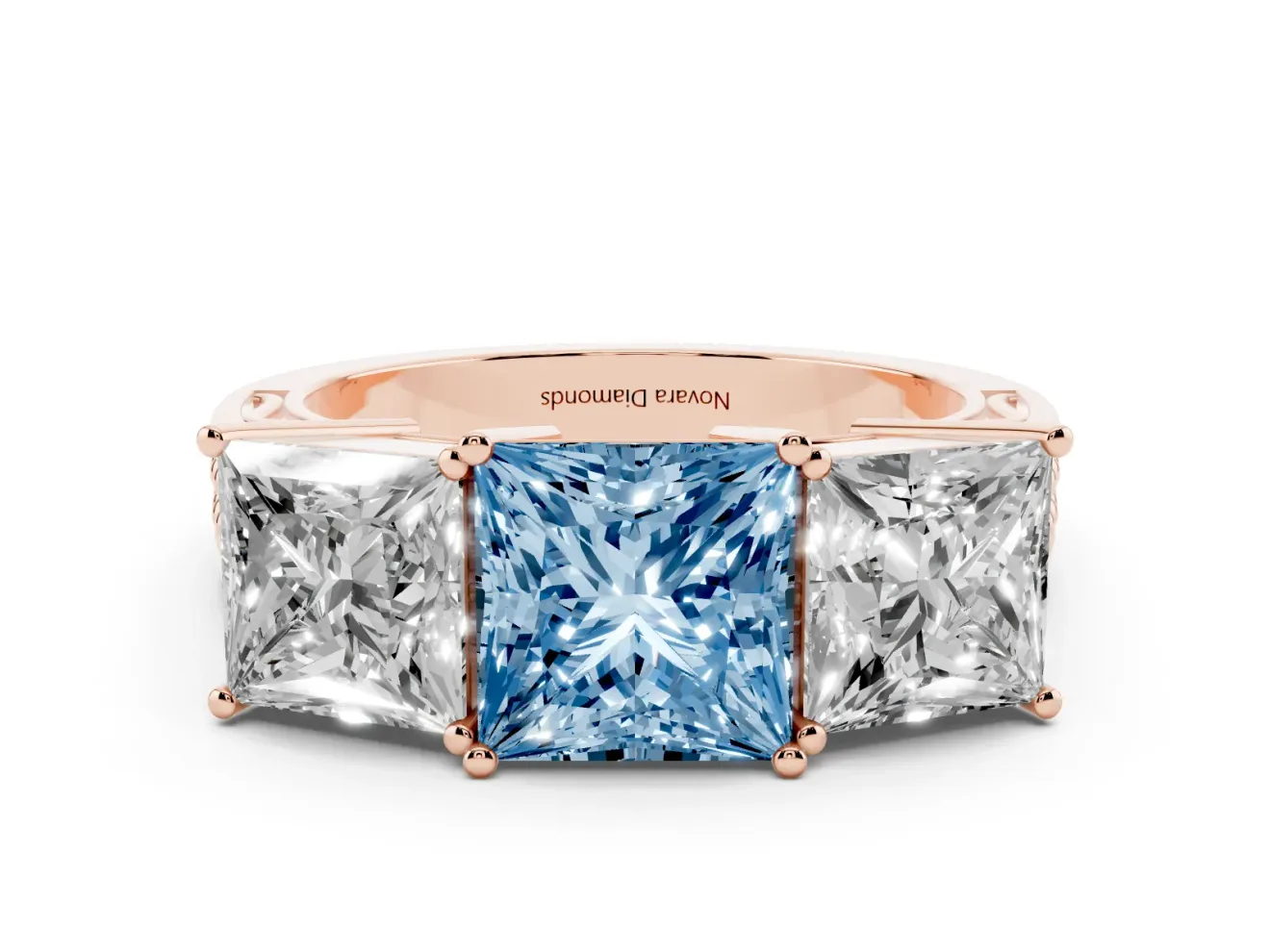 Princess Cut Three Stone Engagement Ring Setting for a Fancy Blue Lab-Grown Diamond | Beaded Shoulders | Rose Gold
