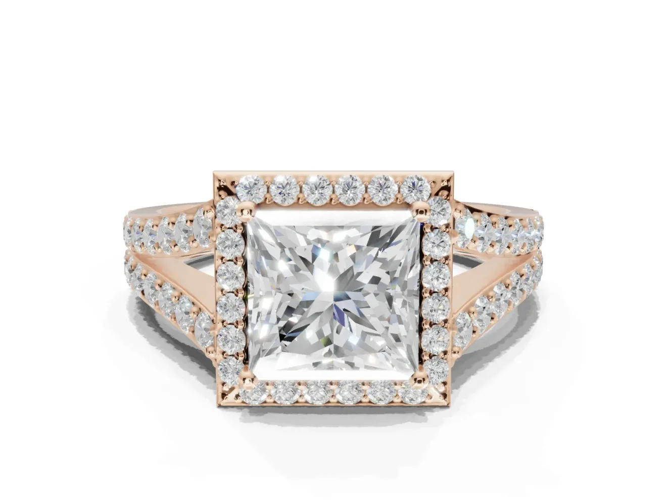 Princess Cut Halo Pavé Engagement Ring Setting | Narrow Split Shank | Rose Gold