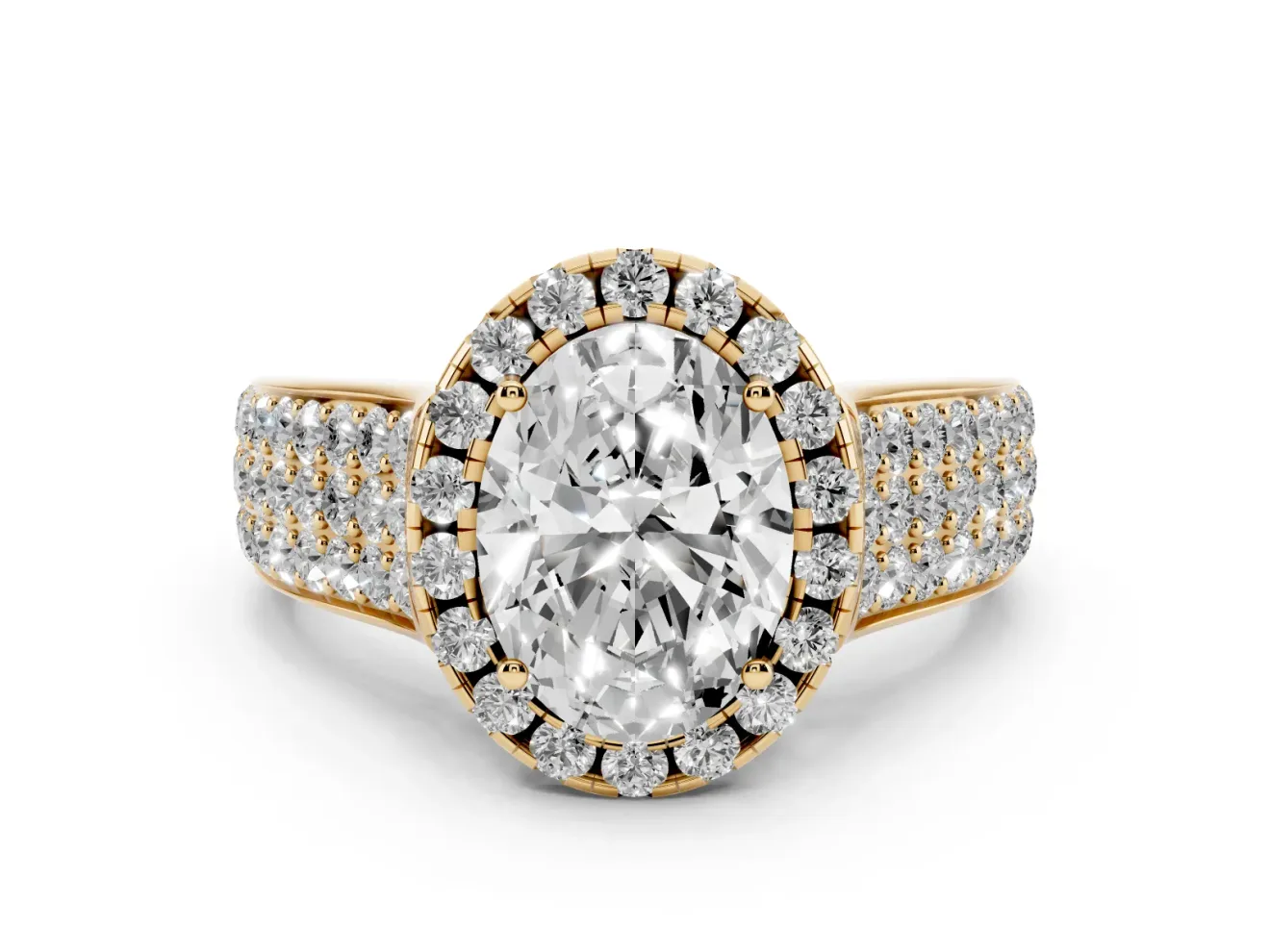 Oval Pavé Engagement Ring Setting | Wide Three-Row Band | Yellow Gold