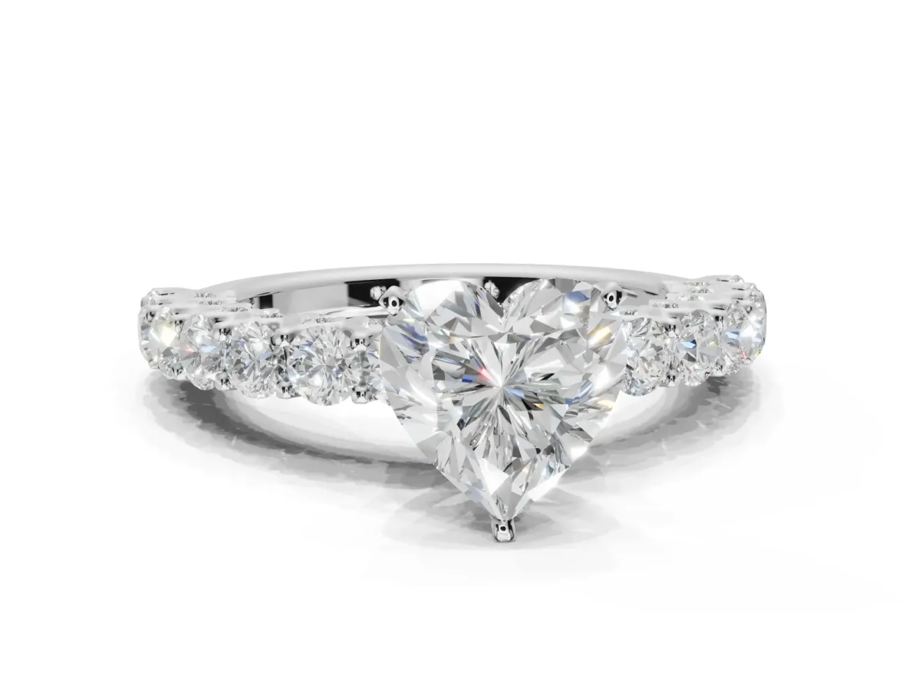Heart-Shaped Shared Prong Engagement Ring Setting | Two-Row Band | White Gold