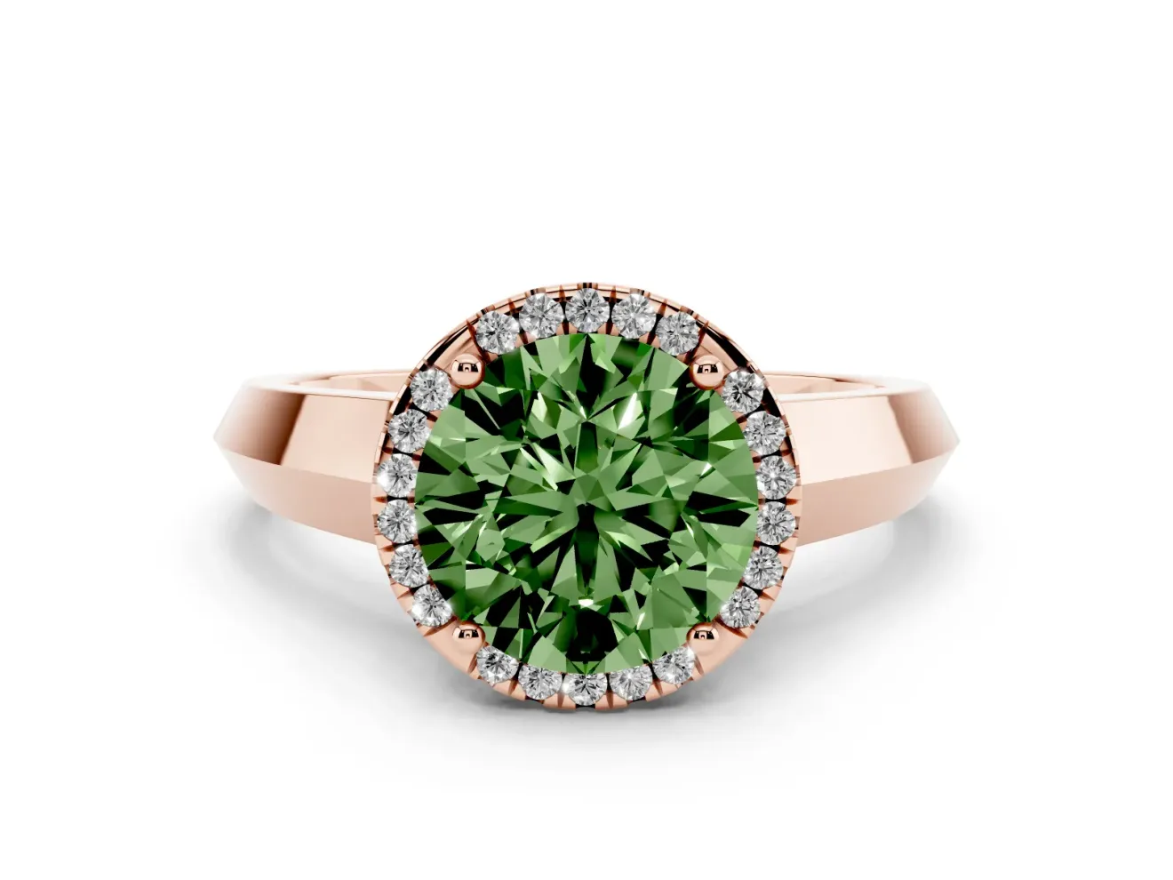 Fancy Green Round Cut Diamond Halo Ring Set in Rose gold with Cathedral Band and Prong Setting