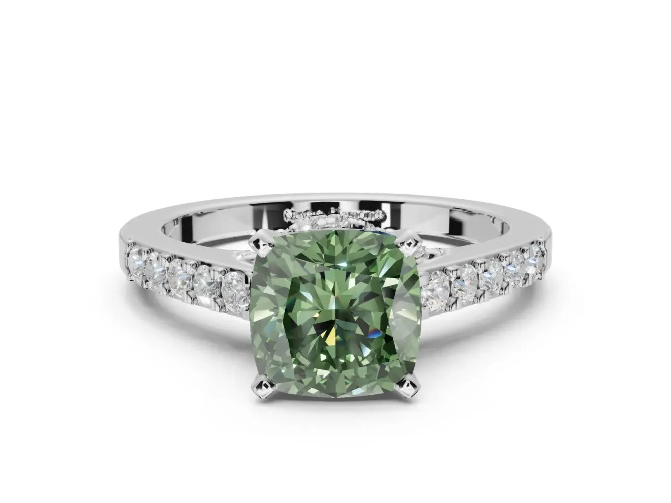 Cushion Cut Pavé Solitaire Engagement Ring Setting for a Fancy Green Lab-Grown Diamond | Crossover Gallery | Platinum