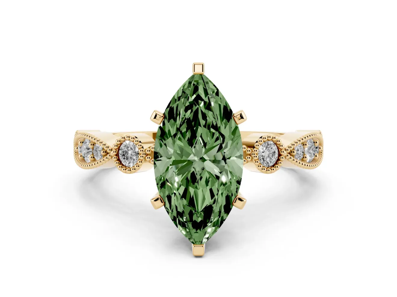 Fancy Green Marquise Cut Diamond Solitaire Engagement Ring Set in Yellow gold with Milgrain Bezel Accent Band