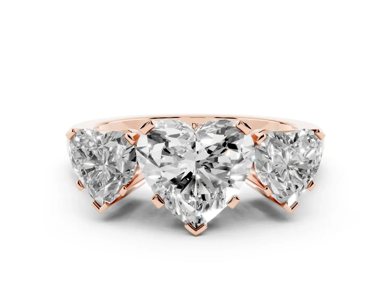 Heart-Shaped Three Stone Engagement Ring Setting | Large Side Stones | Rose Gold