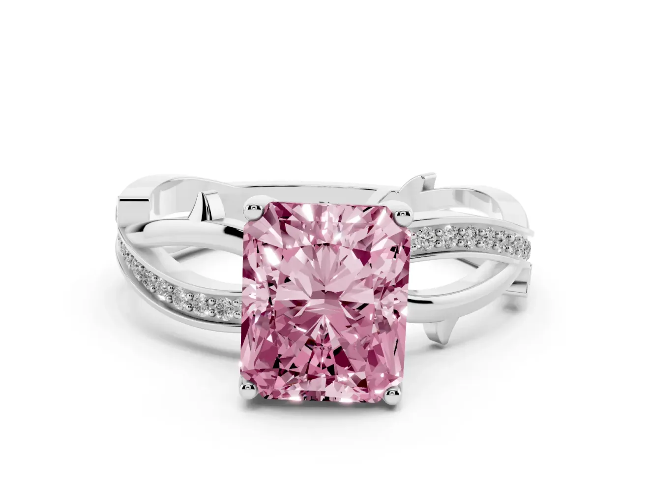 Fancy Pink Radiant Cut Diamond Pavé Twist Band Solitaire Ring Set in Silver with Prong Setting